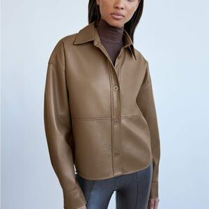 Aritzia Babaton Pelli hip shirt Taupe-Brown Faux Leather Button Jacket